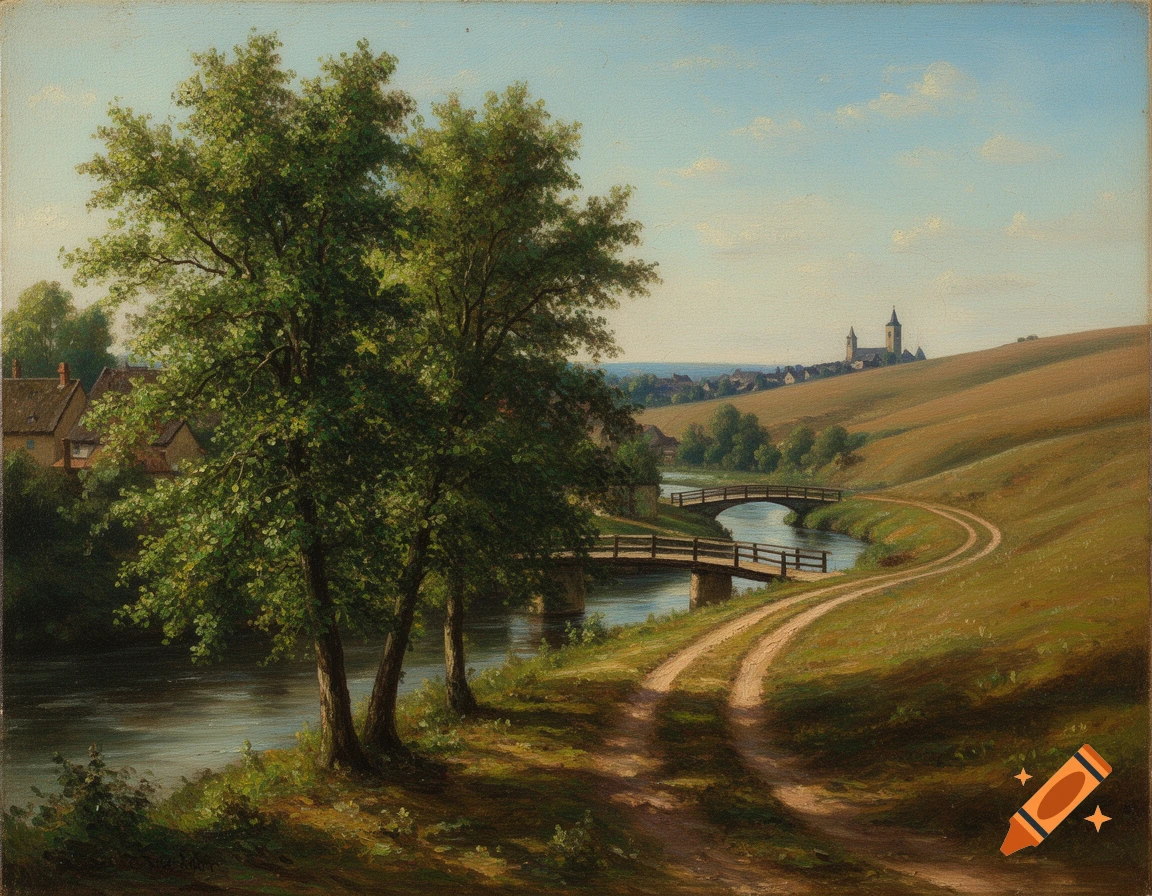 Oil painting of a rural landscape: a dirt path winds past a river with ...