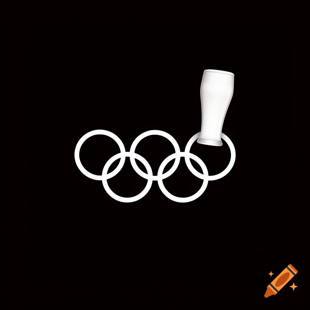 White Olympic rings with a white beer glass integrated as one of the rings, on a black background.