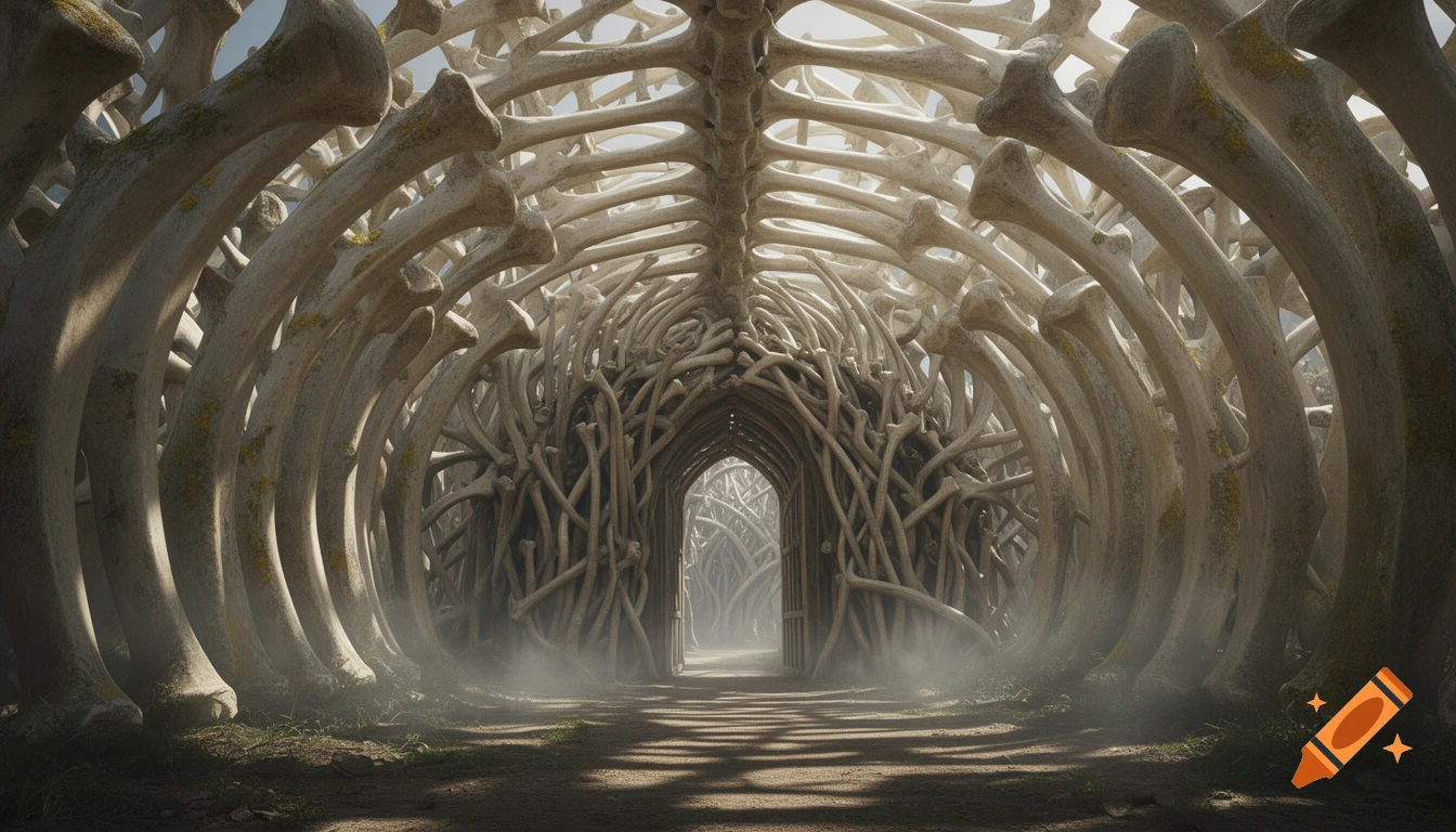 A fantasy corridor made of enormous arched rib bones, leading to a misty doorway within a bone maze, from a first-person perspective.