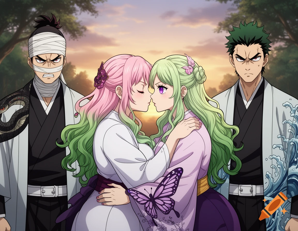 Two anime women with pink and green hair kiss, while two angry anime men with dark hair stand in the background in an outdoor scene.