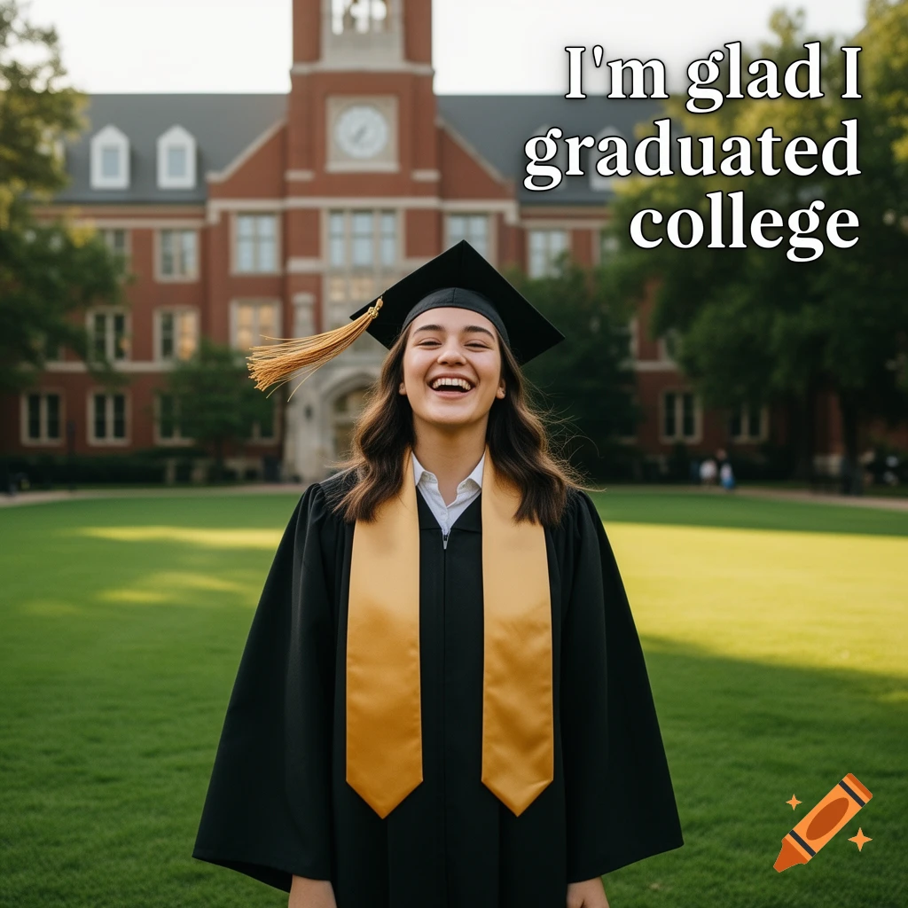 A happy college graduate in a cap and gown stands in front of a university building, with the text 'I'm glad I graduated college' overlaid.
