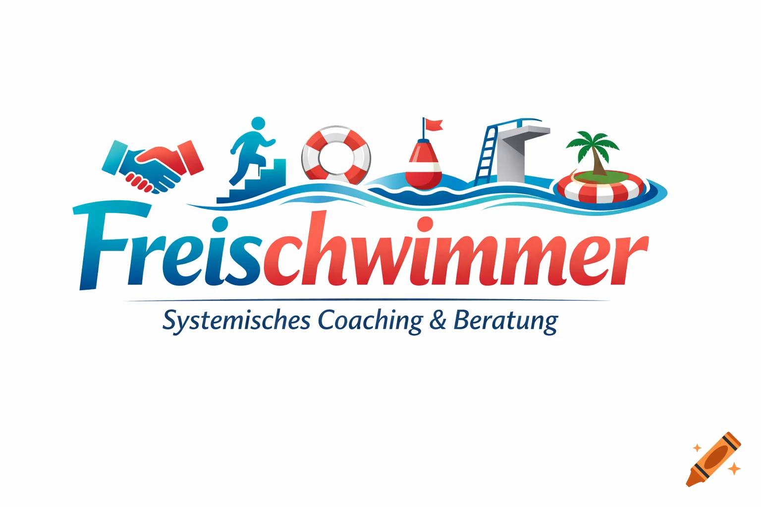 A logo for 'Freischwimmer Systemisches Coaching & Beratung' with icons of a handshake, person on steps, lifebuoy, buoy, diving board, and an island.