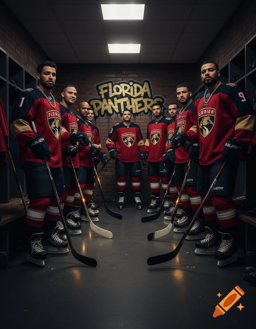 Photorealistic image of male hockey players in red Florida Panthers jerseys with sticks in a locker room, team graffiti on wall.