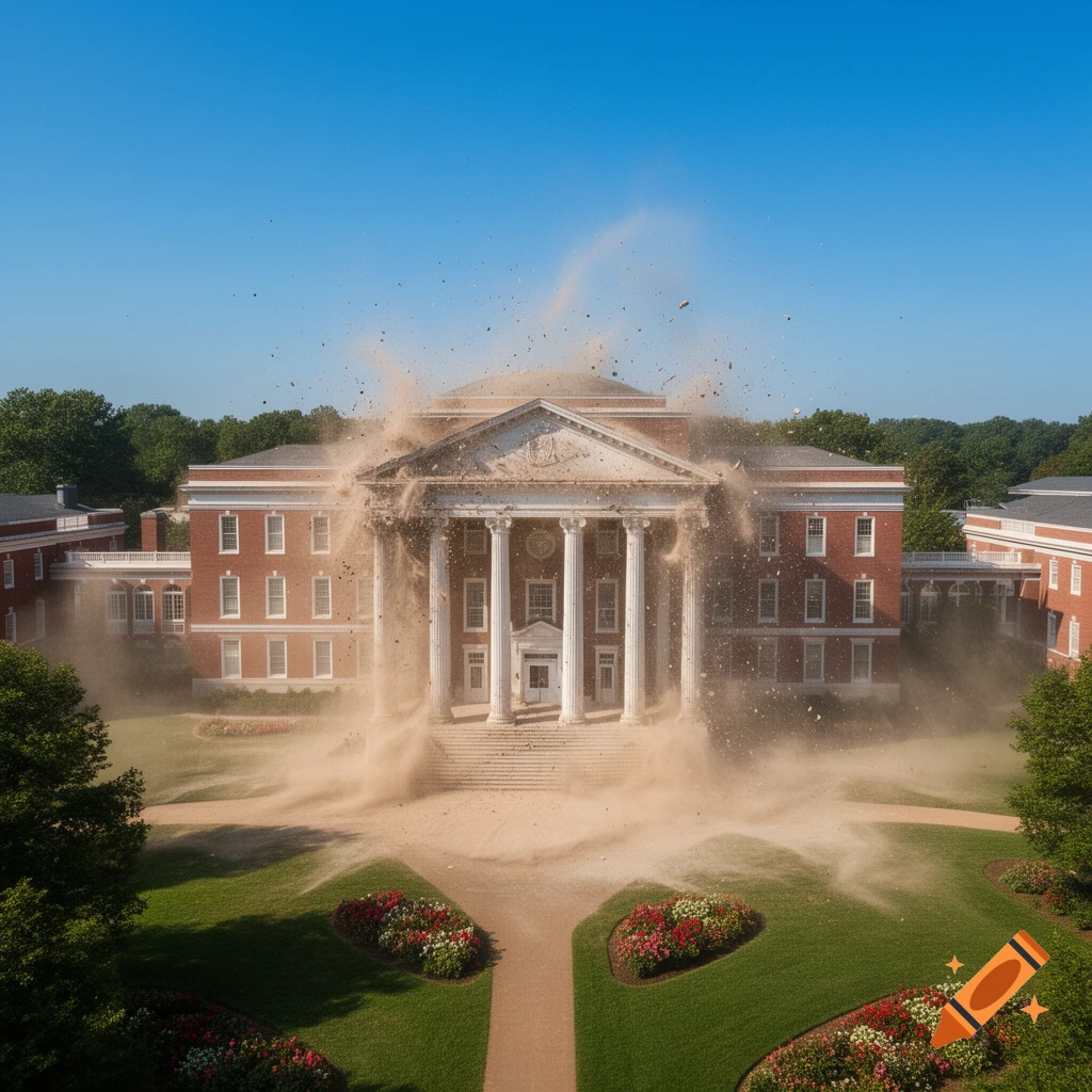 A photorealistic view of a grand university building, like Marshall University, disintegrating into a cloud of dust under a clear blue sky, surrounded by green lawns.