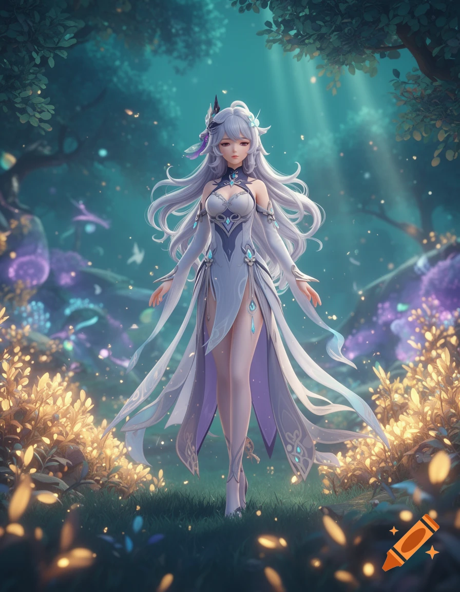 A beautiful anime girl with long white hair in an elaborate white and blue dress stands in an enchanted forest with glowing plants, digital art.