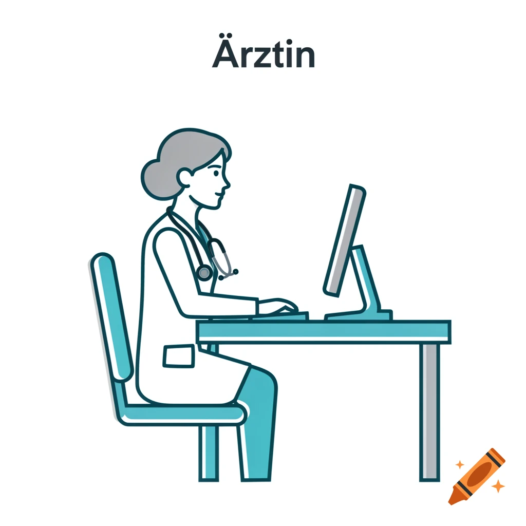 Minimalist line art pictogram of a female doctor at a desk, typing on a computer, with 'Ärztin' text above.