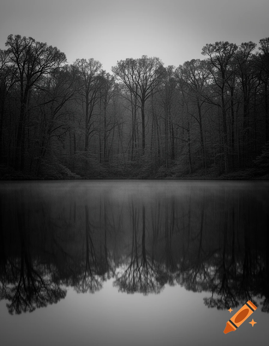 Black and white photograph of a dense, bare forest reflected perfectly in a still lake under an overcast sky.