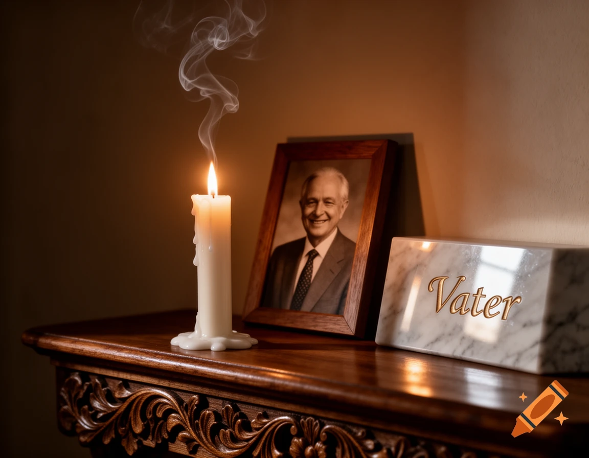 A lit candle with smoke rising, next to a framed portrait of a smiling elderly man and a marble block engraved with 'Vater' on a carved wooden table.