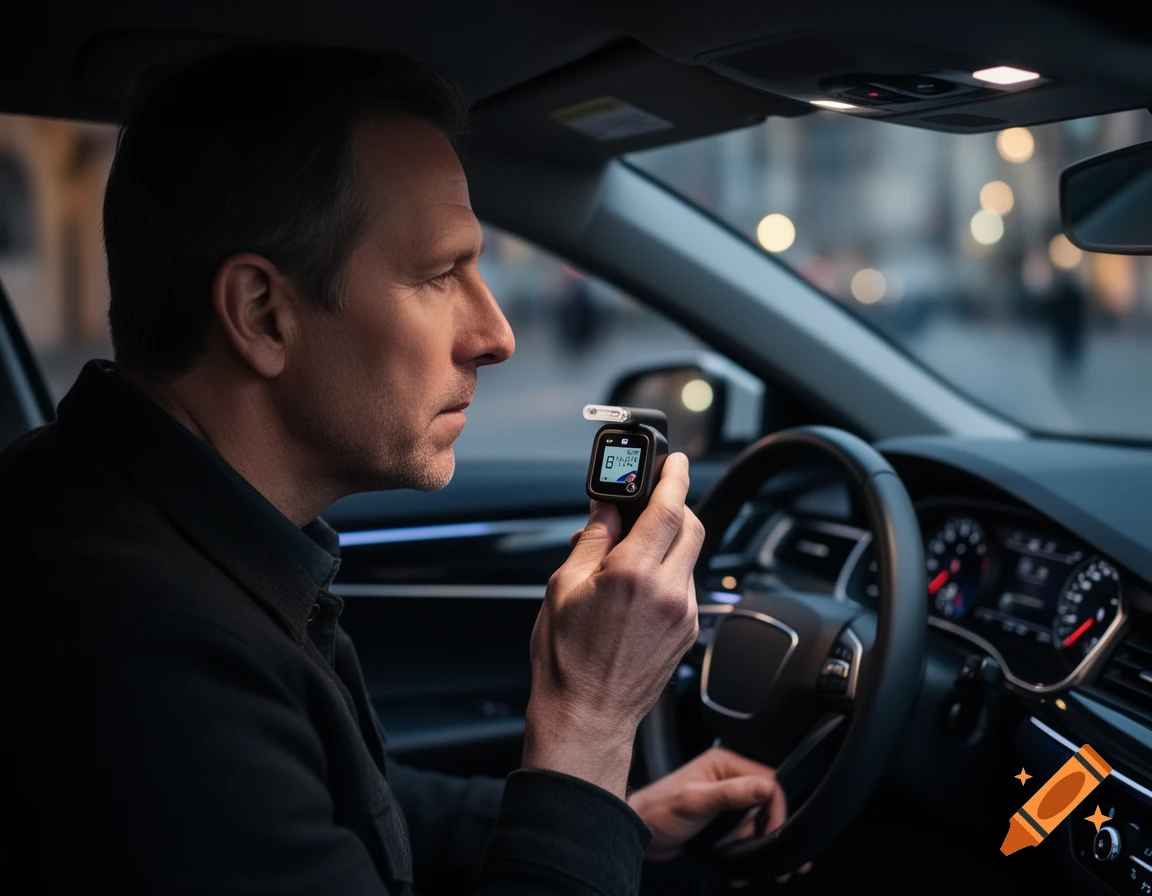A man in a car holds an alcohol tester device with a digital display, looking at it before driving.