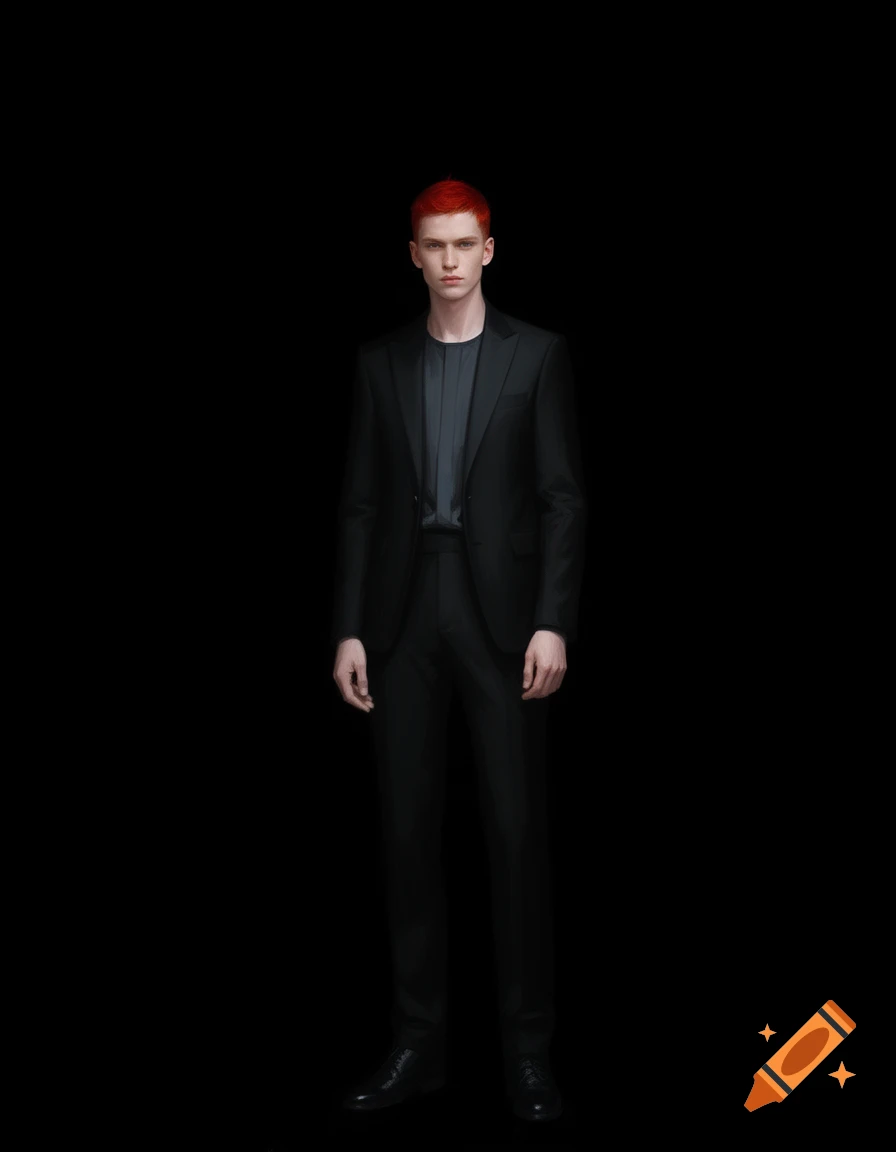 A tall, slim young man with closely cropped red hair, wearing a black suit and a collarless shirt, stands against a pitch-black background.
