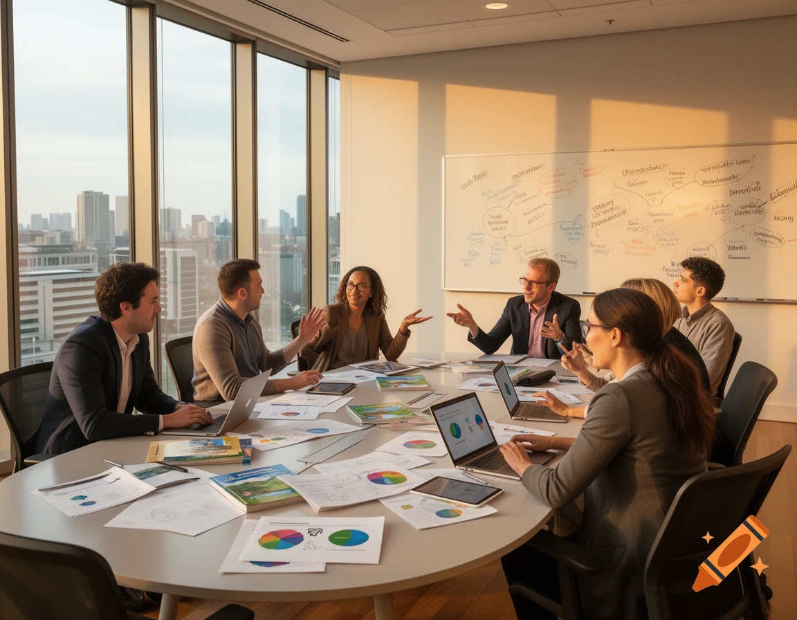 A diverse group of professionals sits around a conference table in a modern office with a city view, discussing ideas and working on laptops. Photorealistic.