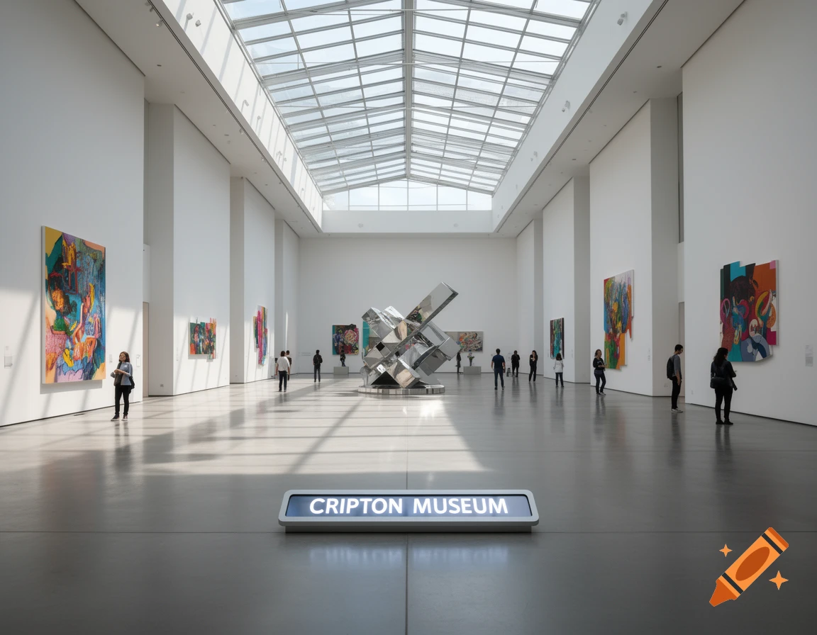 A spacious modern museum interior with a high glass ceiling, featuring a large metallic sculpture, colorful paintings on white walls, and several visitors. A sign on the floor reads "CRIPTON MUSEUM".