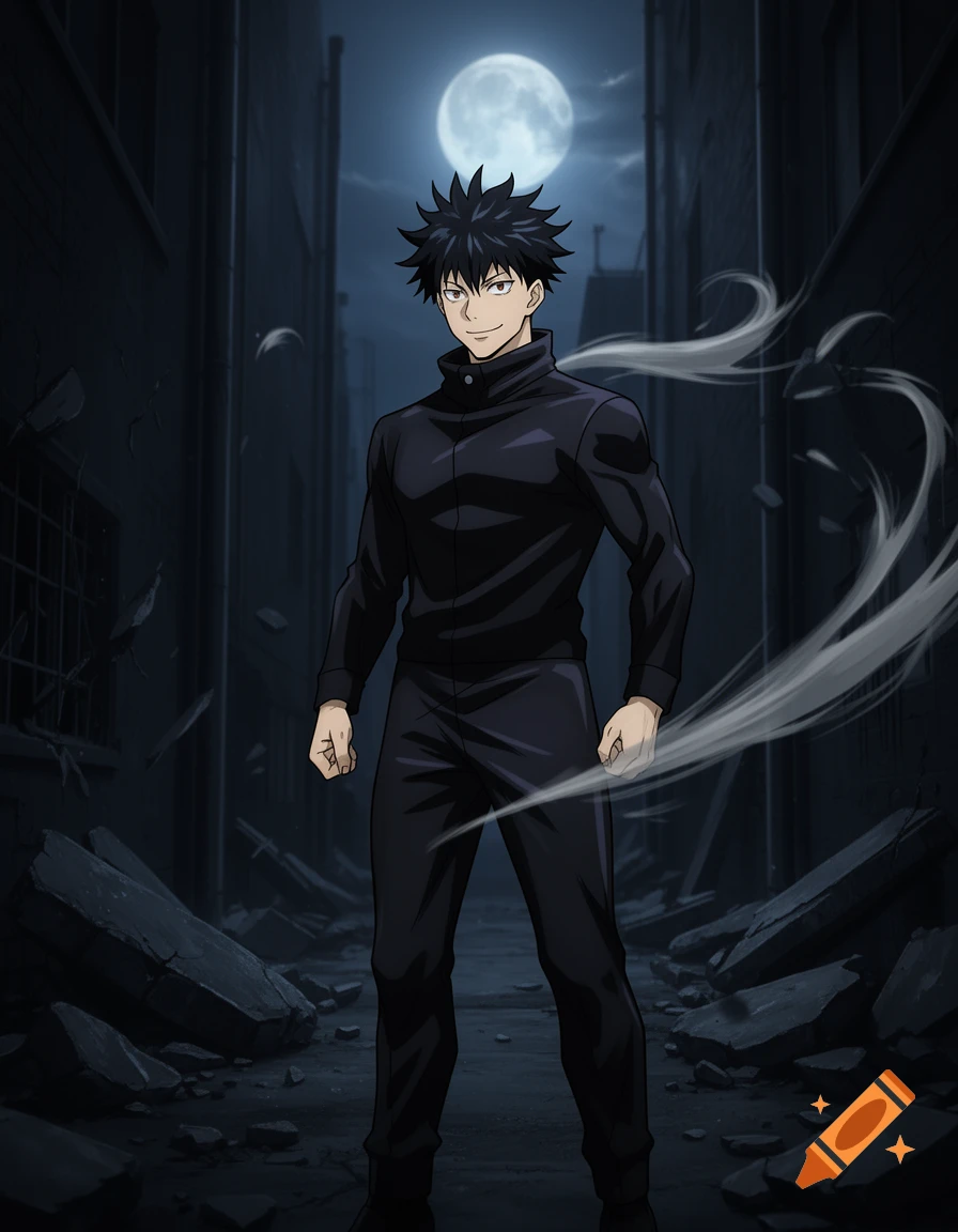Anime style depiction of Toji Fushiguro, a man with spiky black hair, wearing a black outfit, standing in a dark alley under a full moon, with debris around.