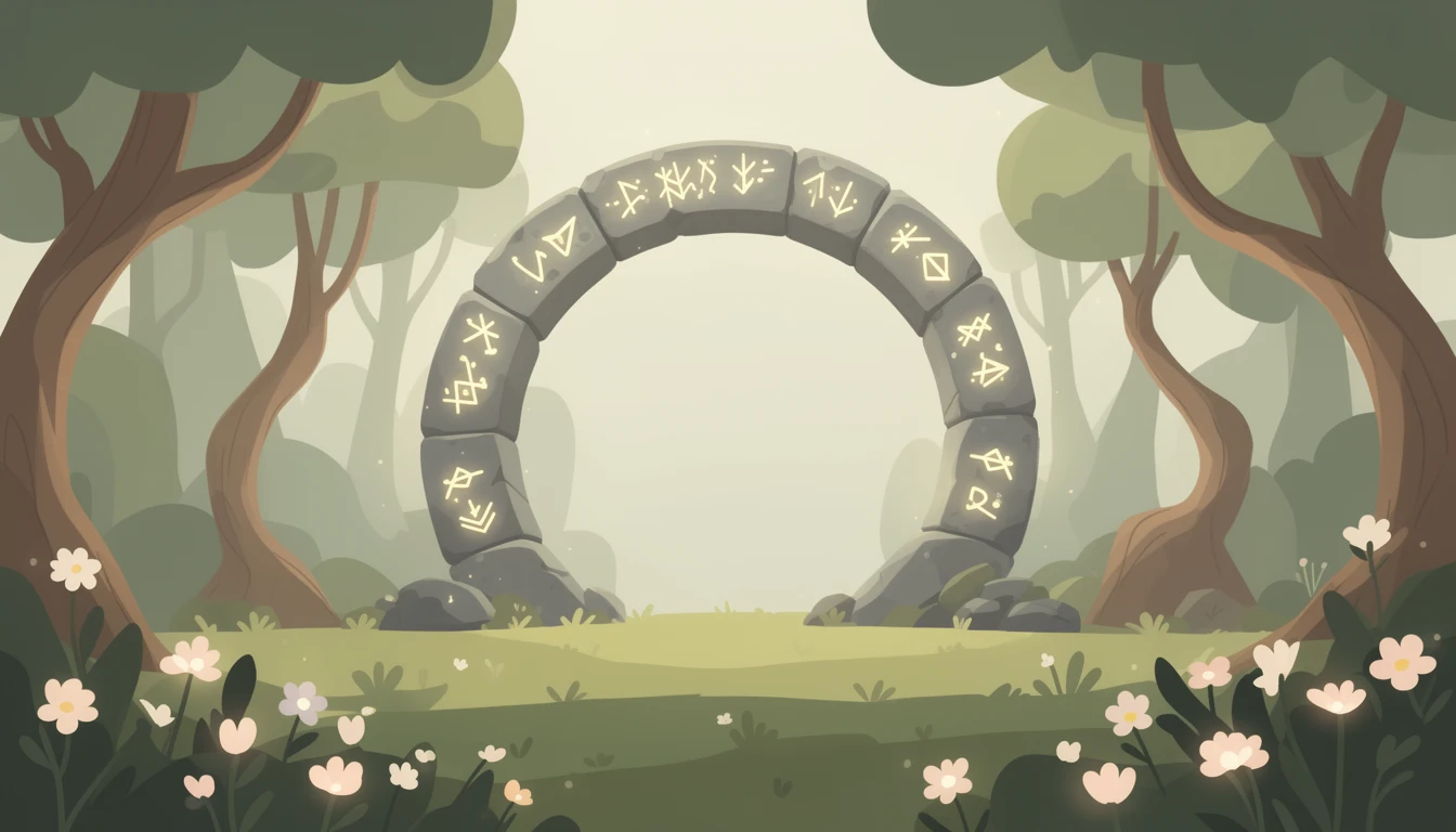 contemporary 2D stock illustration, clean simplified natural forms, flat color areas with gentle soft gradient shading, rounded believable proportions, restrained detail, no outer outlines, no texture or grain, non-photorealistic. A magical grove with a circular stone portal, soft glowing runes, low flowers, and a few curved trees around a grassy clearing. Palette-disciplined colors with greens, soft neutrals, and one magical glow accent. Keep the center area visually uncluttered with simple forms and open space behind layered foreground subjects. No characters, no readable text.