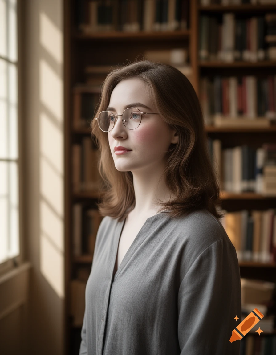 A young woman with brown hair and round glasses looks thoughtfully out a sunlit window in a library, bookshelves blurred in the background.