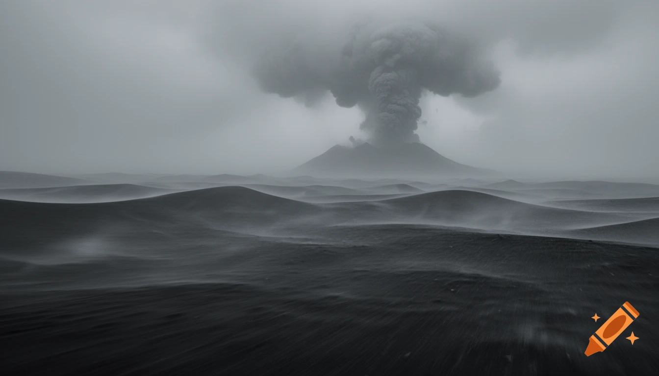 Hyper-realistic, monochromatic scene of black sand dunes with strong wind and fog, overlooked by a distant erupting volcano, creating an apocalyptic atmosphere.