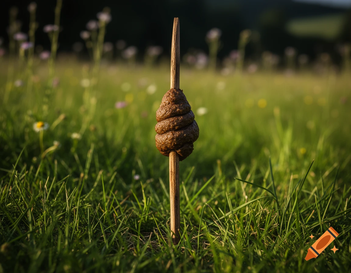 A coiled brown mass (feces) on a wooden stick stands upright in a green grassy field.