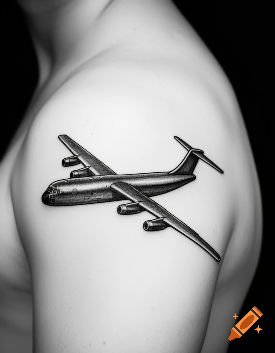 A detailed black and white tattoo of a four-engine airplane on a person's shoulder.