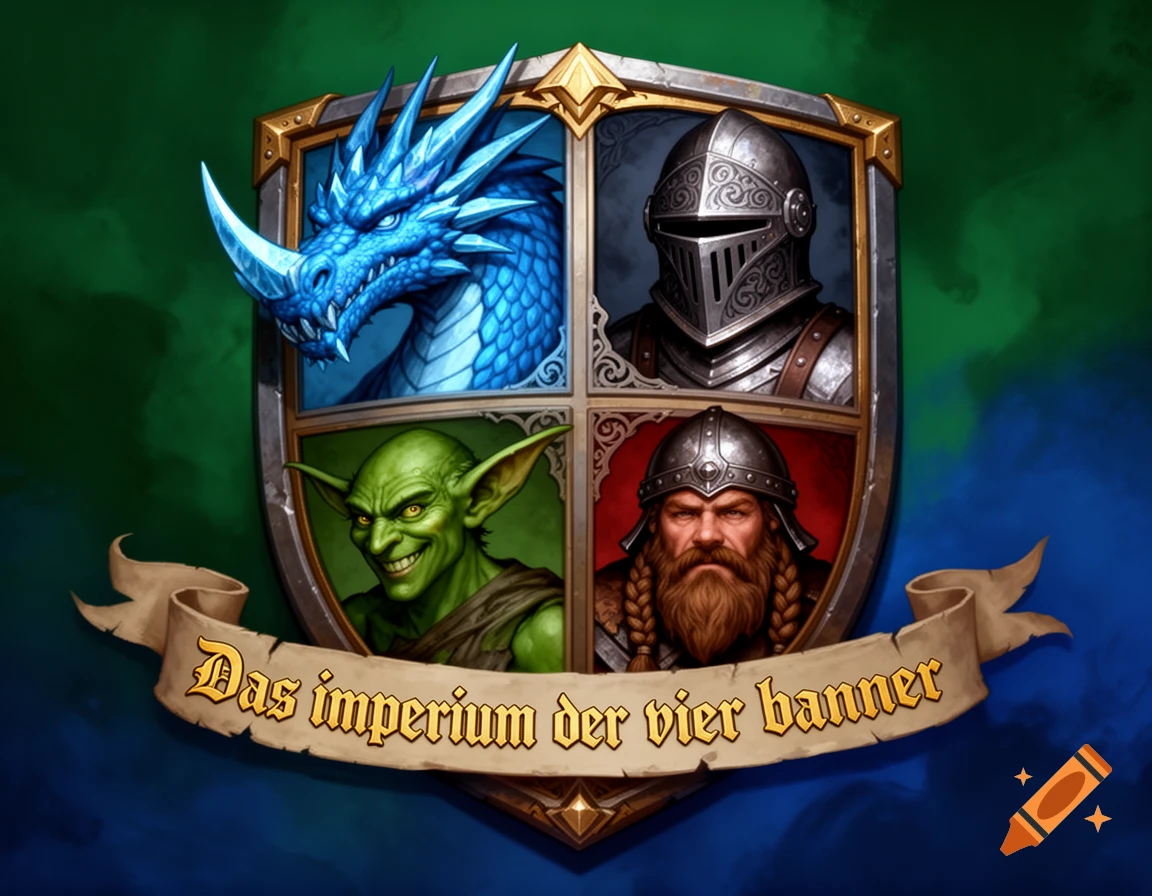 A fantasy shield coat of arms with a blue dragon, knight's helmet, green goblin, and bearded dwarf, a banner reads 'Das imperium der vier banner'.