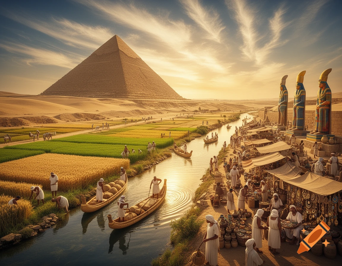 Photorealistic ancient Egyptian scene with a pyramid, Nile river, farmers, boats, and a bustling market with statues at sunset.