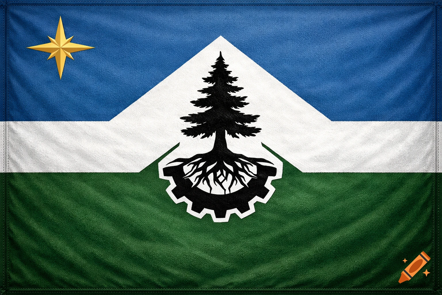 A textured flag with a blue top, white chevron, and green bottom. Features a golden four-pointed star and a black pine tree with roots intertwined with a gear.