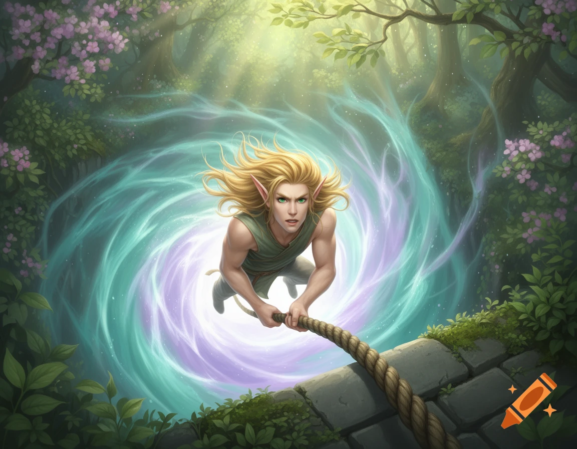 A male spring elf with blonde hair and green eyes holds a rope, looking up from a swirling magical portal in a vibrant forest.