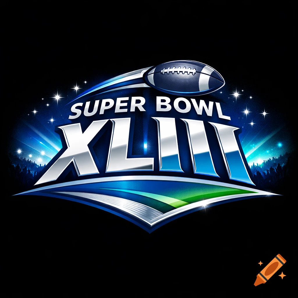 Stylized Super Bowl XLIII logo with metallic text, a football, and a blue starry background over a crowd silhouette.