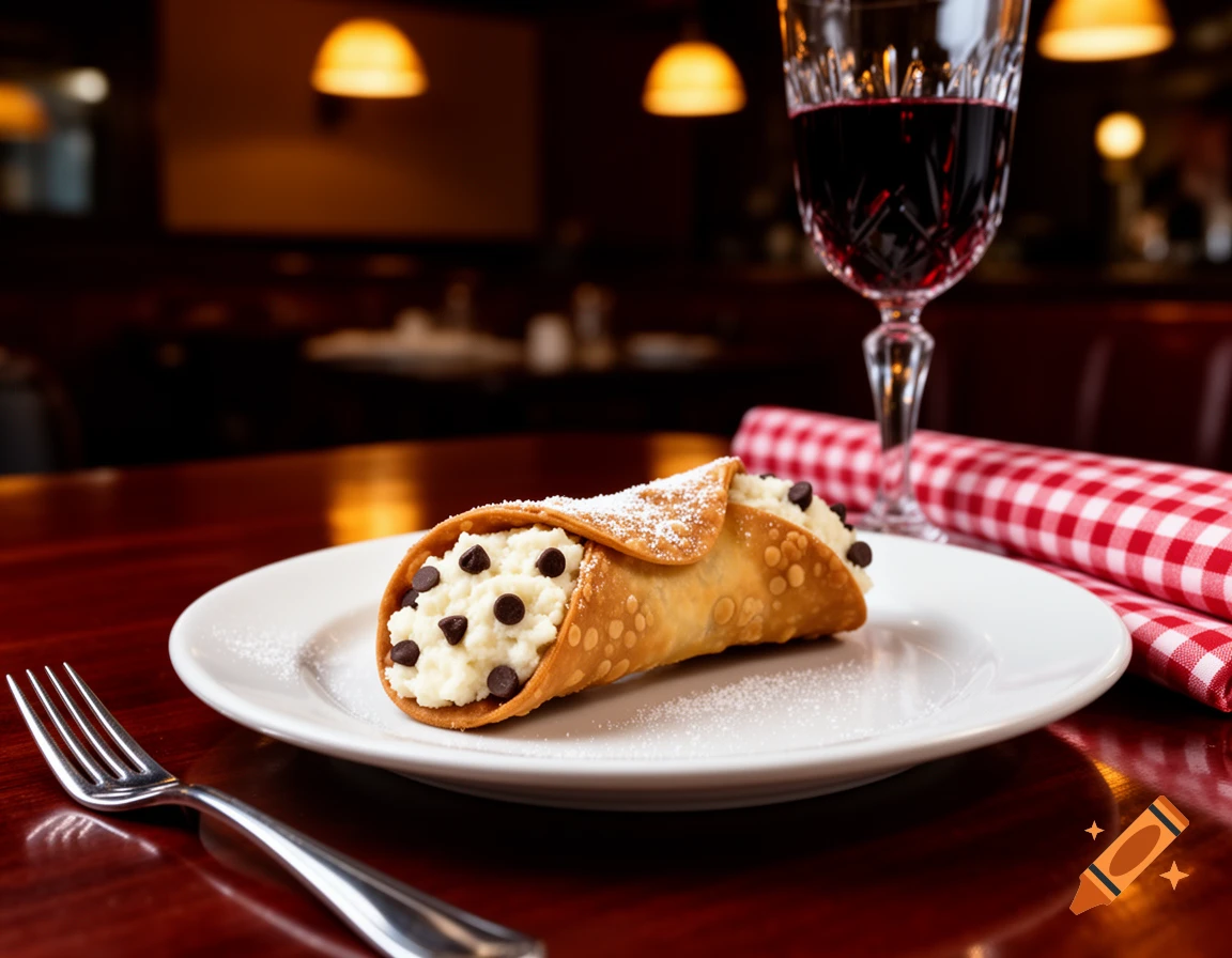 Photorealistic cannoli with chocolate chips and powdered sugar on a plate, with a glass of red wine and checkered napkin in a restaurant.