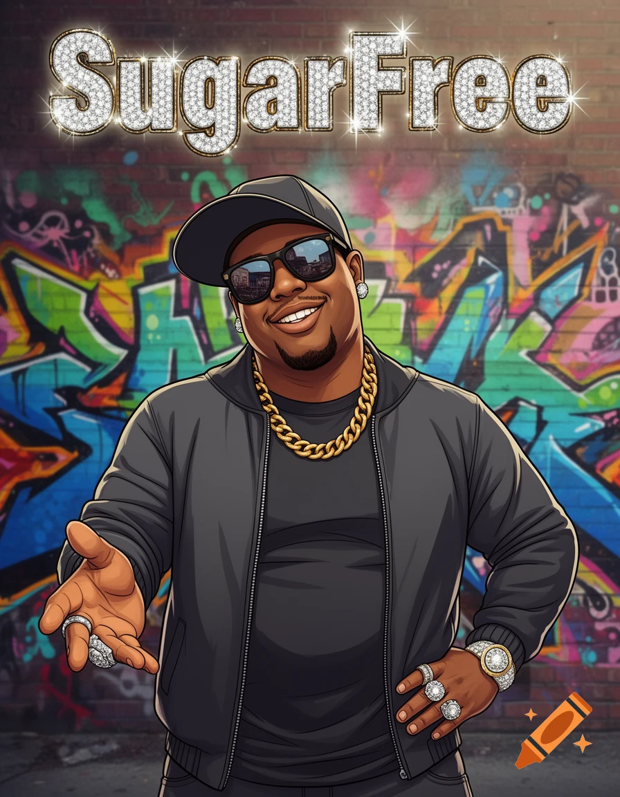 A cartoon illustration of a smiling man wearing a cap, sunglasses, gold chains, and diamond rings, against a colorful graffiti wall with 'SugarFree' text.