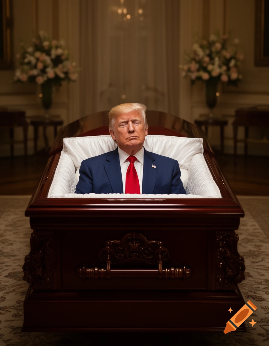 Photorealistic image of Donald Trump, dressed in a suit and red tie, lying peacefully in an open, ornate wooden coffin during a funeral service.