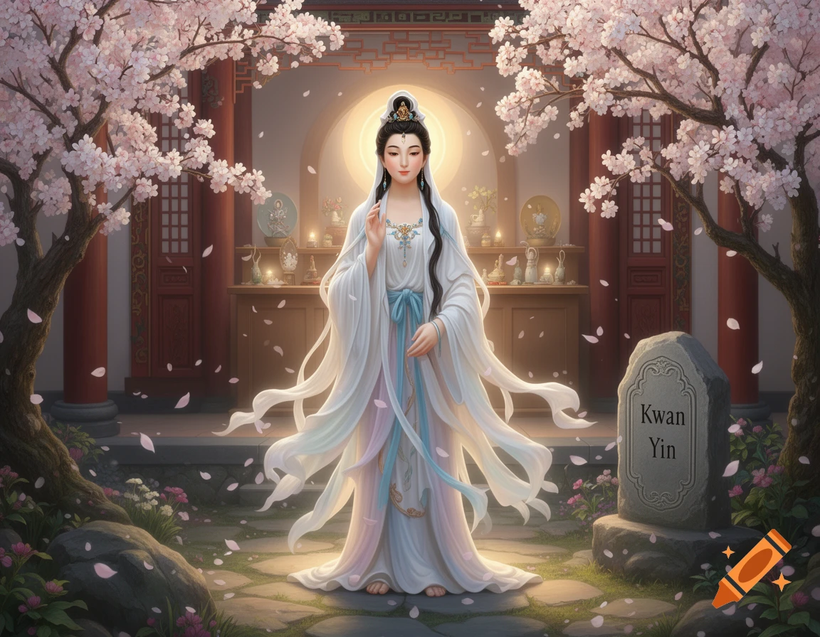 Serene Kwan Yin in white robes under cherry blossoms near an East Asian temple, with a stone tablet inscribed 'Kwan Yin'.