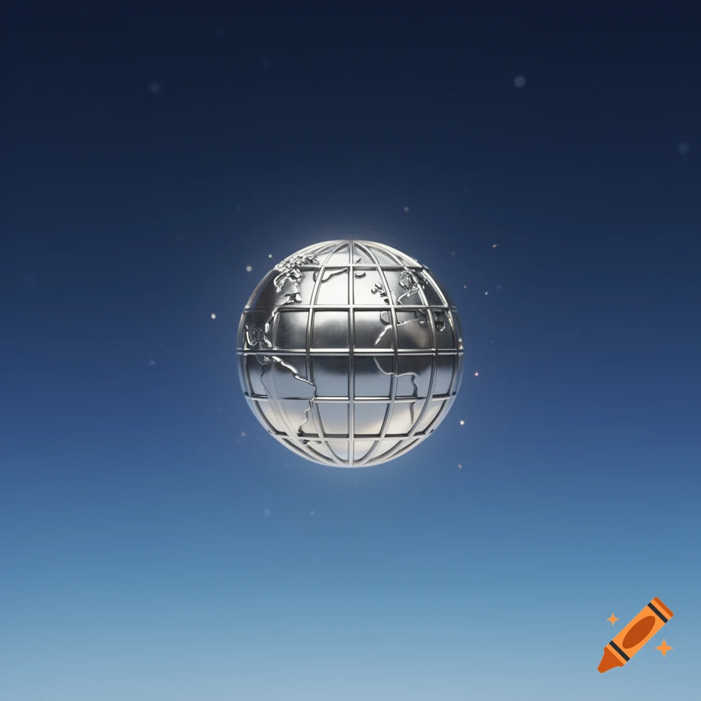 A shiny metallic globe, resembling the Earth, floating against a deep blue gradient sky with subtle sparkles.