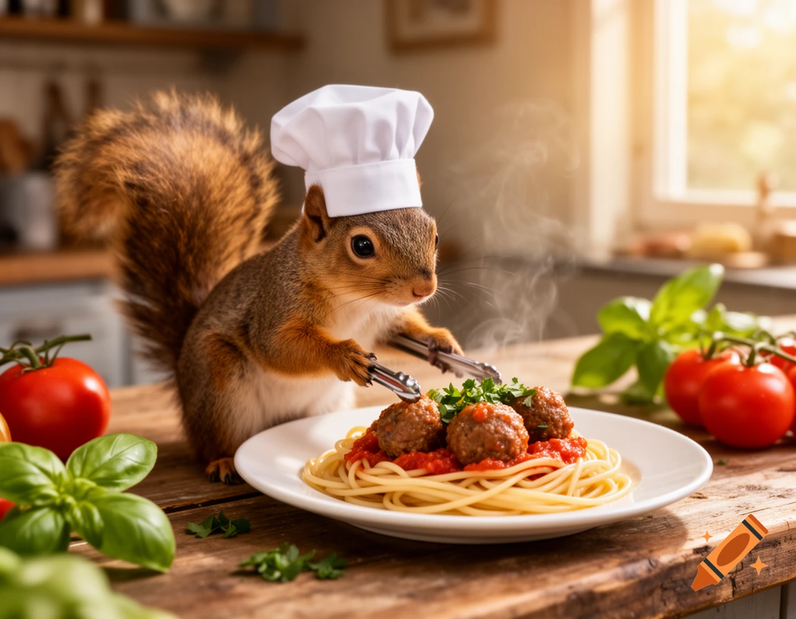 A cute squirrel wearing a chef hat, making a plate of steaming spaghetti and meatballs in a kitchen.