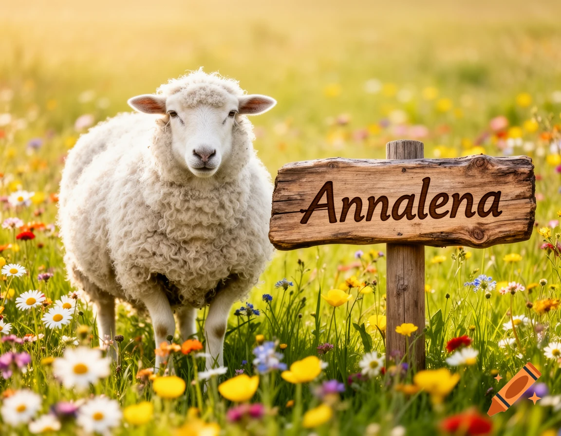 A fluffy white sheep stands in a colorful meadow filled with flowers, next to a wooden sign reading "Annalena".