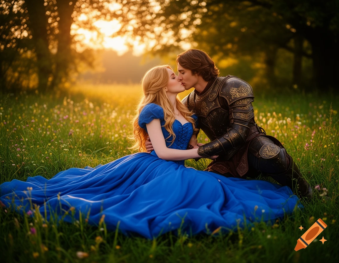 A prince in ornate armor and a princess in a flowing blue gown share a kiss in a sunlit meadow at sunset.