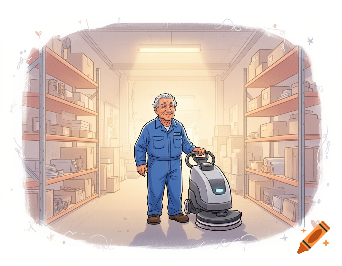 An old, friendly man with gray hair in a blue uniform stands next to a modern floor cleaning machine in a warehouse, cartoon style.
