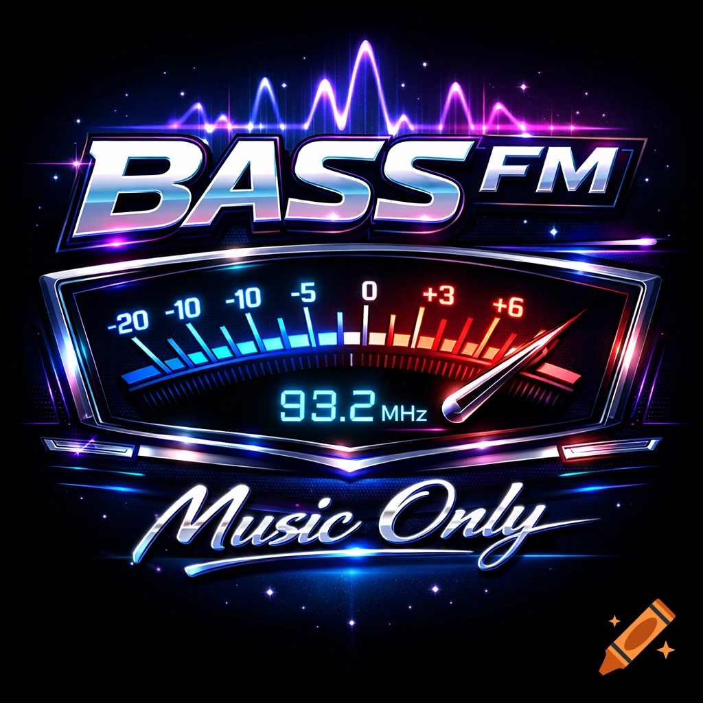 Vibrant neon-lit logo for BASS FM radio with a VU meter displaying 93.2 MHz and the slogan Music Only, set against a dark, sparkling background with sound waves.