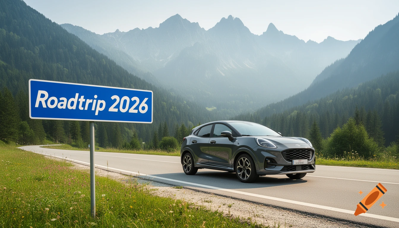 A grey Ford Puma SUV drives along a winding mountain road with a blue sign reading "Roadtrip 2026" in a scenic valley.