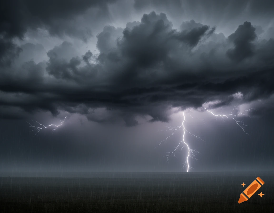 Photorealistic image of a dark, severe thunderstorm with bright lightning striking from heavy clouds over a flat, rainy landscape.