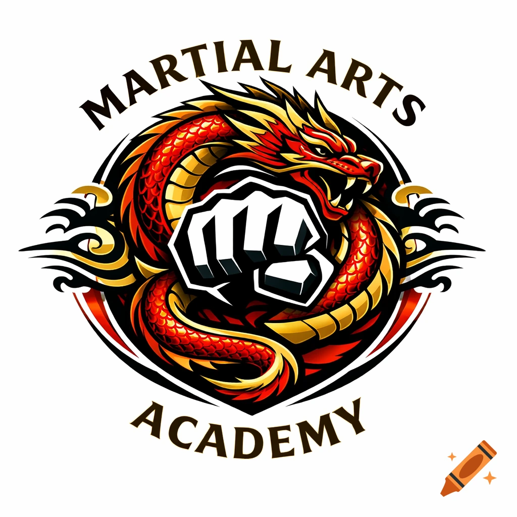 A stylized martial arts logo featuring a red and gold dragon coiled around a white fist, with 'MARTIAL ARTS ACADEMY' text.