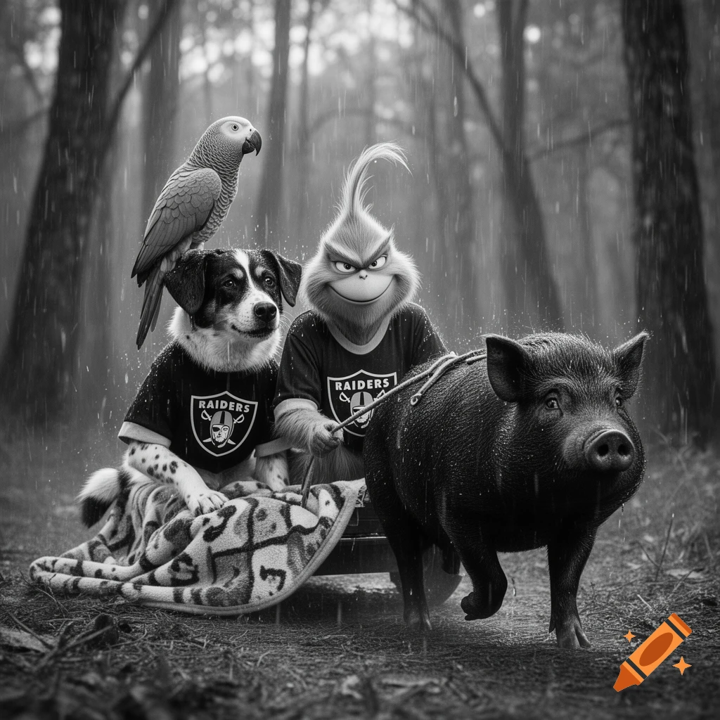 Black and white image of the Grinch, a dog, and a parrot in Raiders shirts on a blanket pulled by a pig in the rain.