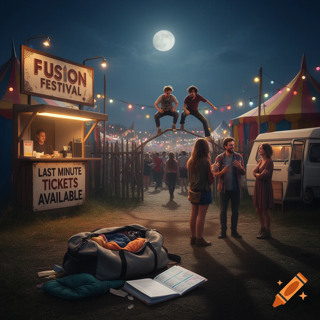 A vibrant night scene at the Fusion Festival, with a ticket booth, colorful tents, and string lights under a full moon. People gather and socialize, two men climb over a fence, and a duffel bag and open book lie on the ground in the foreground.