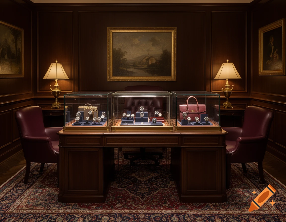 Luxurious, warm-lit office with dark wood paneling, leather chairs, and glass cases displaying high-end watches and handbags in a photorealistic style.