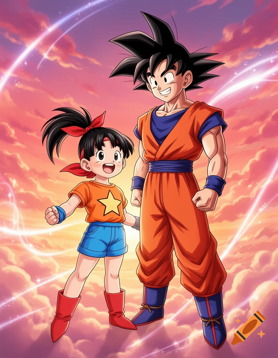 Goku and Pan from Dragon Ball stand smiling against a vibrant, cloudy pink and orange sky with glowing arcs in anime style.
