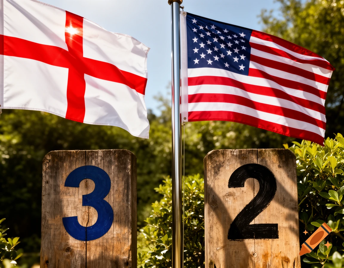 England and USA flags flying, with a wooden post showing '3' under the England flag and '2' under the USA flag, set against a green, sunny background.
