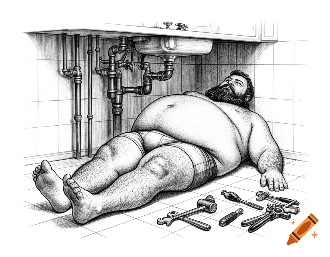 Black and white ink illustration of an overweight, bearded man in briefs lying on his back under a bathroom sink, surrounded by tools.