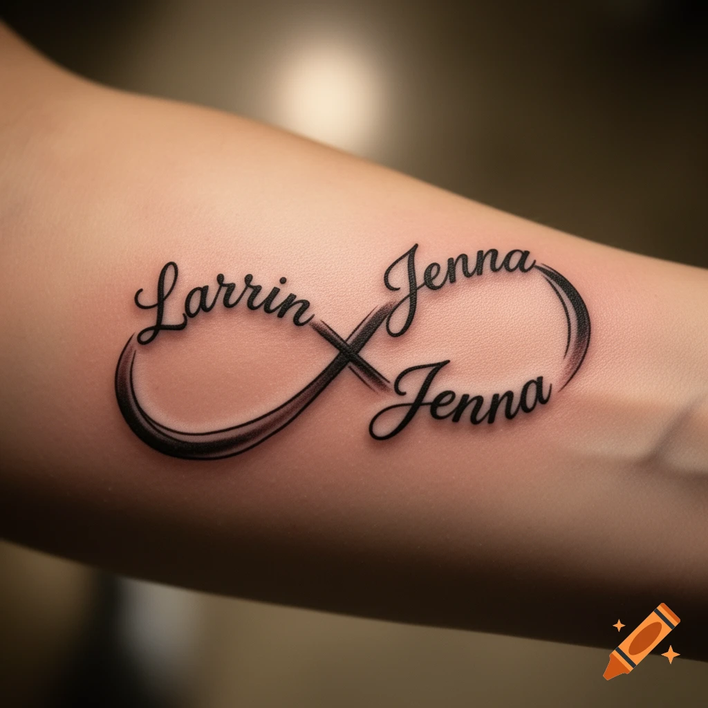 Photorealistic tattoo on an arm featuring a black infinity loop with the script names 'Larrin' and 'Jenna'.