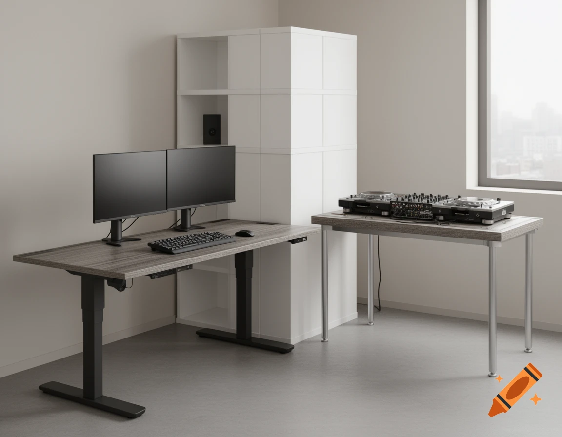 A minimalist home office with a grey adjustable desk, dual monitors, keyboard, and a separate DJ setup on a table next to a white shelf.