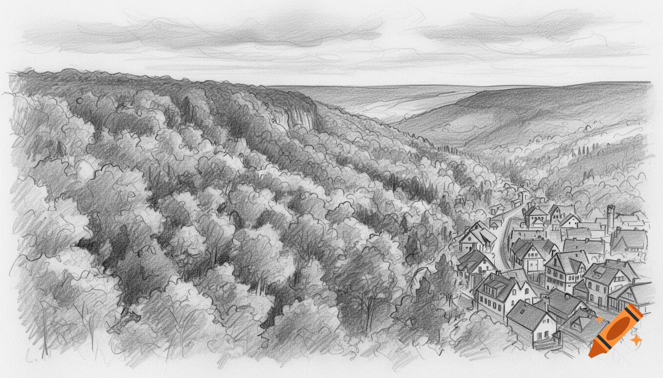 A pencil drawing of a vast forest-covered valley with a small village nestled along a winding road on the right side under a cloudy sky.