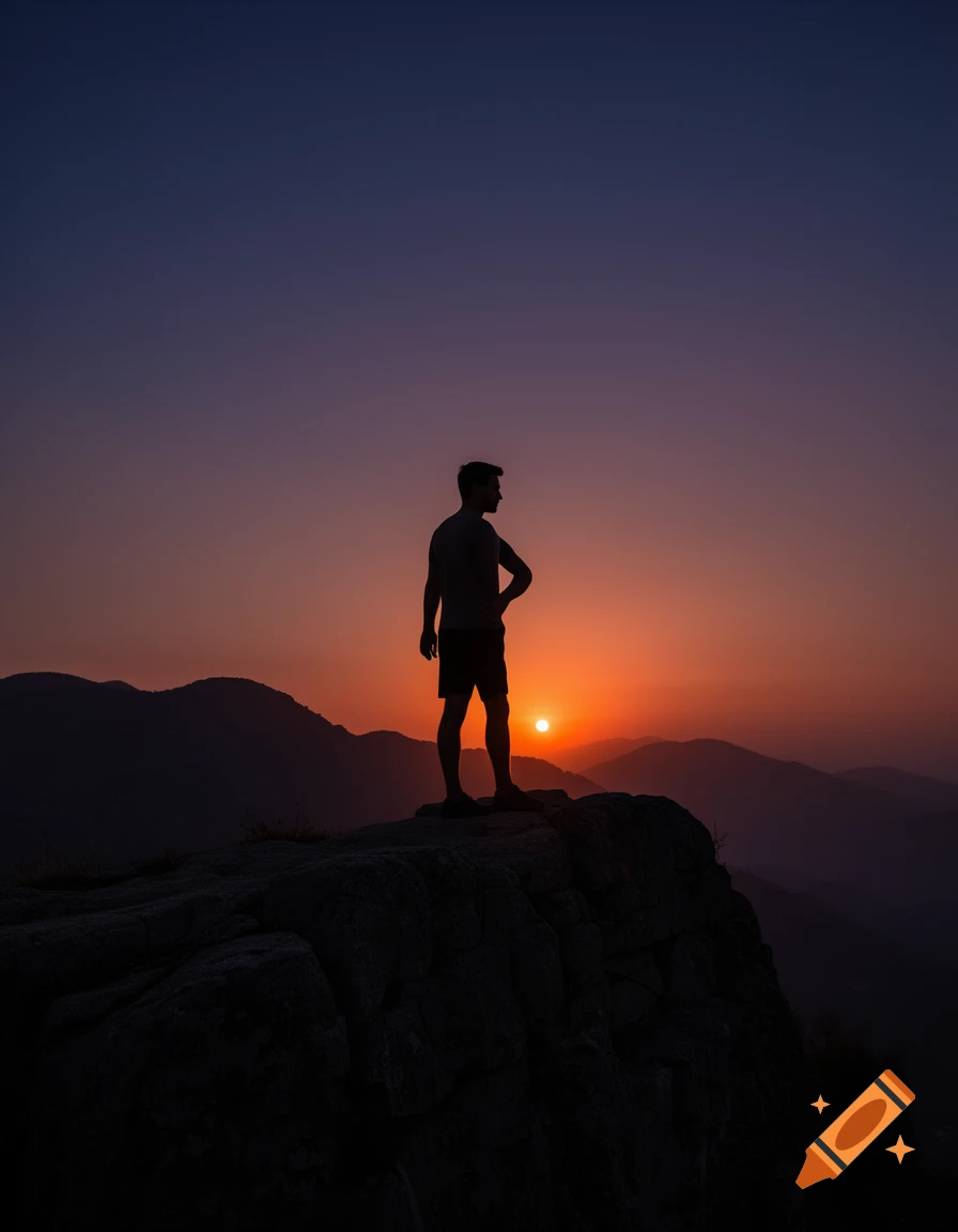Silhouette of a man standing on a mountain peak at sunset, gazing over layered mountains.